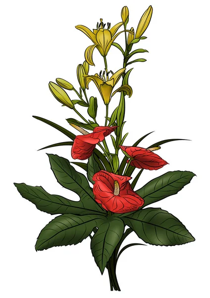 Bouquet Fleurs Illustration Carte Vœux Colorée Dessinée Main Graphique Vectoriel — Image vectorielle