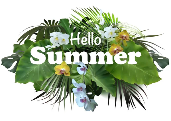 Summer Tropical Banner Flyer Design Exotic Leaves Orchid Flowers Photorealistic — Stock Vector