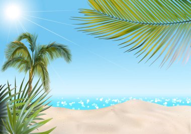 Palms ve Deniz Arka Plan ile Summer Beach - Renkli İllüstrasyon, Vektör