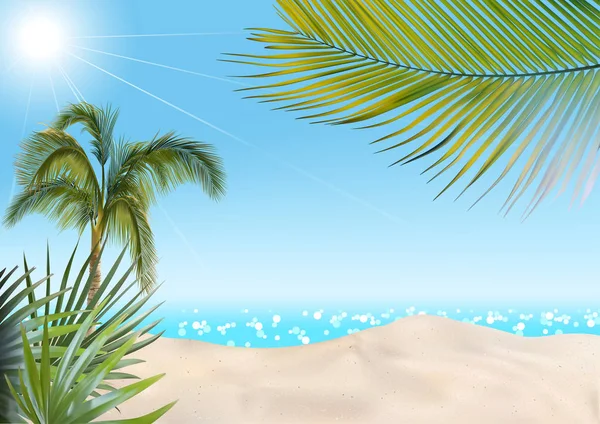 Lato Plaża Palmy Morze Tło Kolorowy Ilustracja Wektor — Wektor stockowy