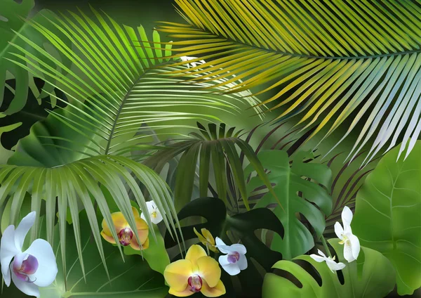 Tropical Background Photorealistic Vegetation Exotic Flowers Detailed Tropical Plants Blurred — Stock Vector