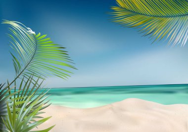 Palms ve Deniz Arka Plan ile Summer Beach - Renkli İllüstrasyon, Vektör