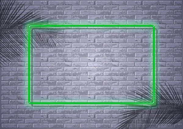 Green Neon Light Frame Brick Wall Palm Leaf Shadows Tropical — Stock Vector