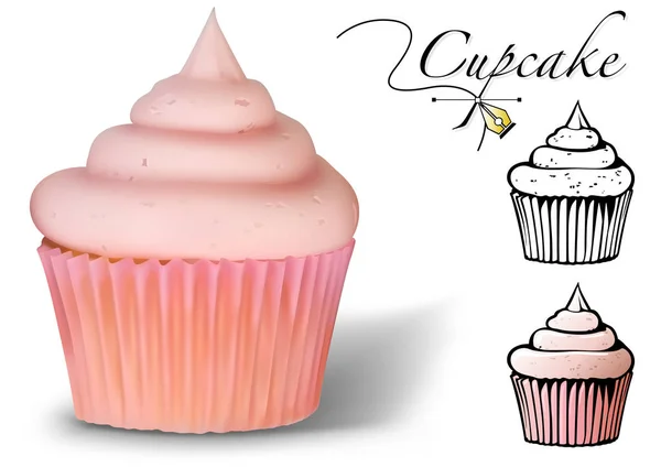 Cupcake Vector Set Photorealistische Illustratie Met Zwart Wit Pictogram Gekleurde — Stockvector