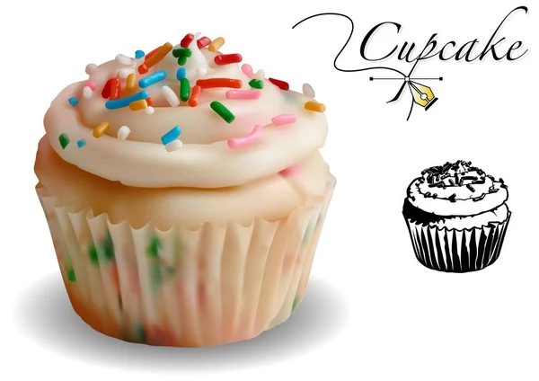 Cupcake Vector Set Photorealistic Illustration Black White Icon — Stock Vector