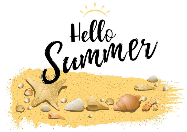 Hello Summer Design Homokkal Tengeri Héjak Színes Illusztráció Izolált Fehér — Stock Vector