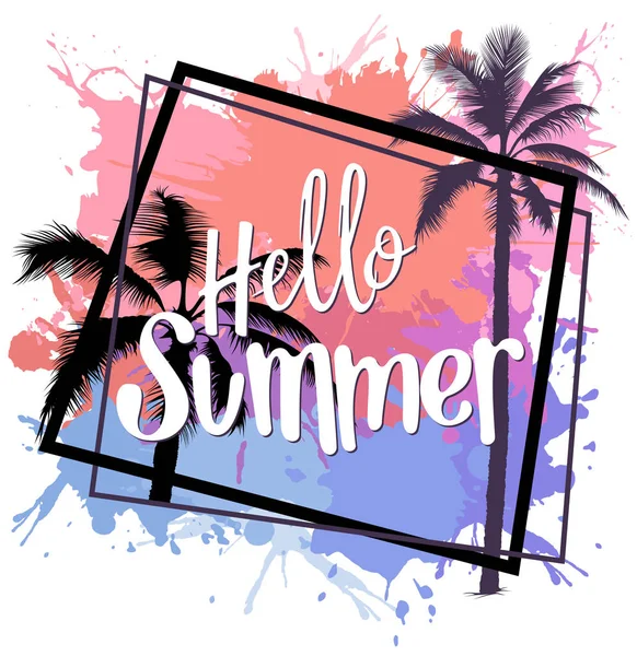 Hello Summer Design Színes Splatters Körvonalas Palms Dark Dekoratív Frames — Stock Vector