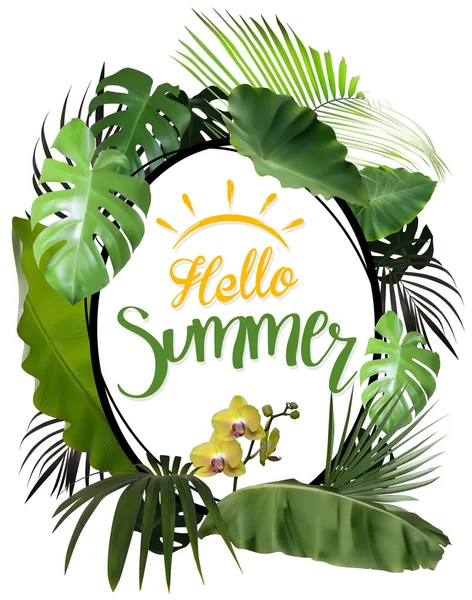 Hello Summer Avec Cadre Ovale Plantes Tropicales Illustration Photoréaliste Colorée — Image vectorielle