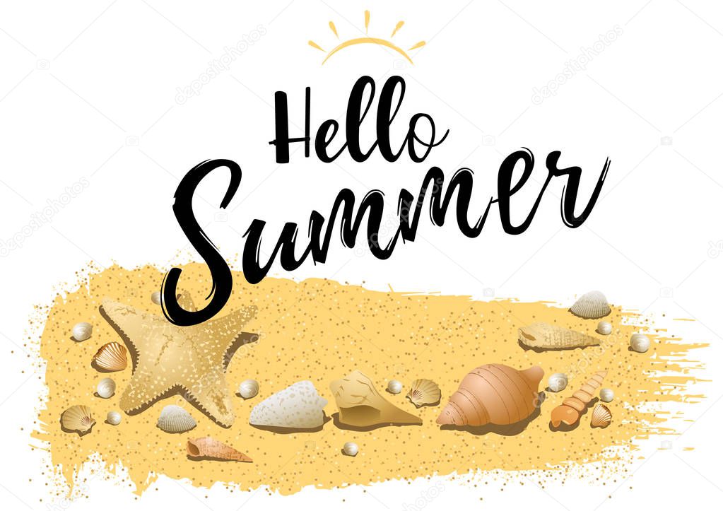 Hello Summer Design with Sand and Sea Shells - Colored Illustration Isolated on White Background, Vector