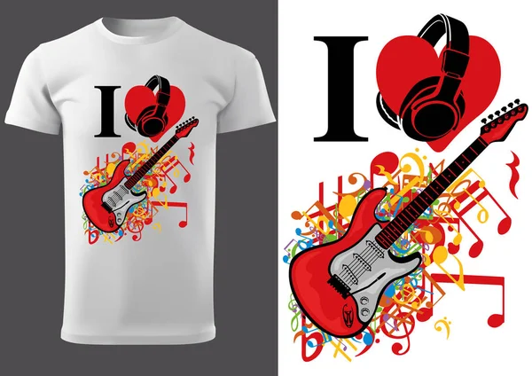 Дизайн футболки з гітарою та нотами — стоковий вектор