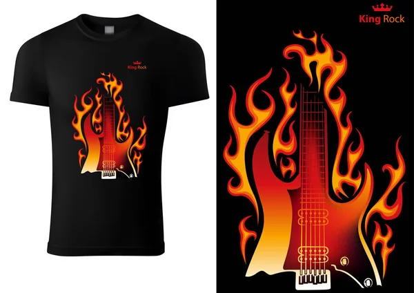 T-shirt nera con motivo della chitarra elettrica in fiamme — Vettoriale Stock