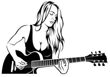Girl Rock Gitarist - Siyah Beyaz Çizim İllüstrasyon Müzisyen, Vektör Grafik