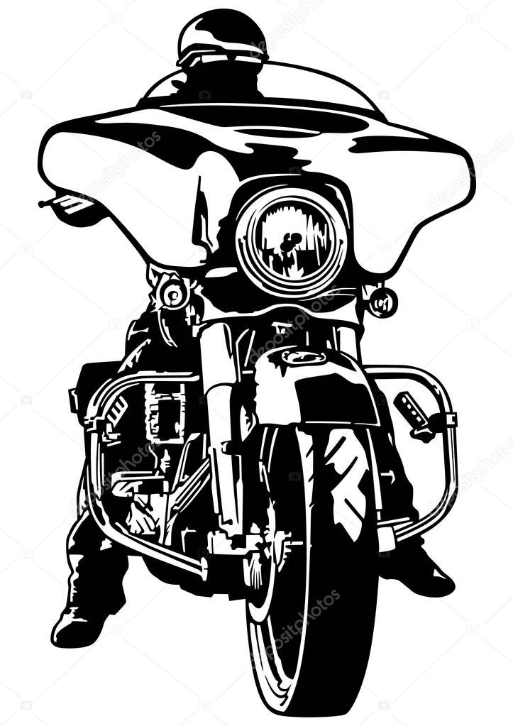 Motorcyclist Front View - Black and White Outline Illustration with Rider on Harley Motorcycle, Vector