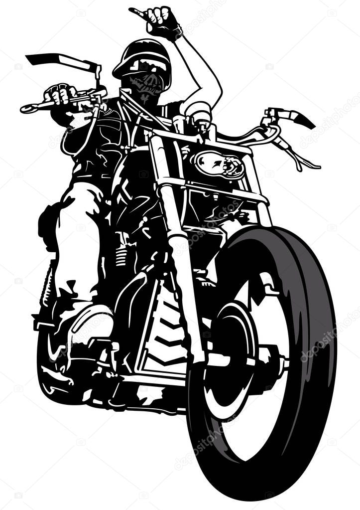 Motorcyclist From Gang - Black and White Outline Illustration with Rider on Harley Motorcycle, Vector