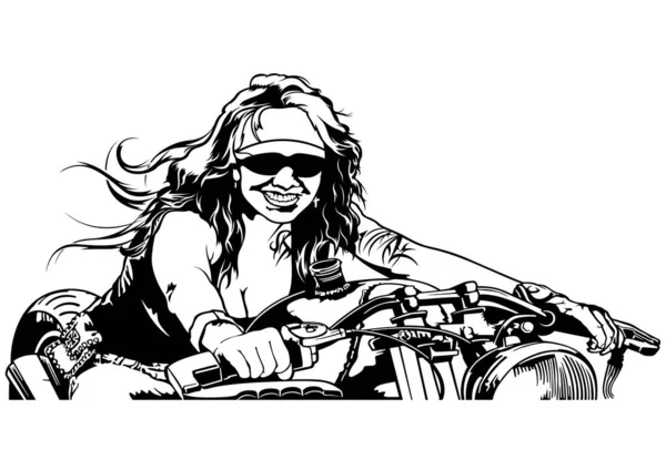 Mulher Motociclista Black White Esboço Ilustração Com Fêmea Cavaleiro Harley — Vetor de Stock