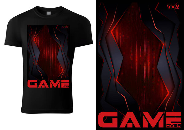 Black T-shirt for Computer Game Players with Illuminated Red Tech Background and Inscription NOW GAME OVER - Fashion Print Illustration, Vector Graphic