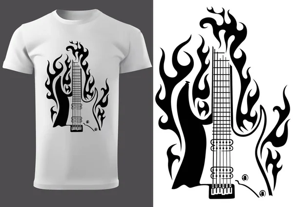 T-shirt com motivo preto e branco de queimar guitarra elétrica —  Vetores de Stock