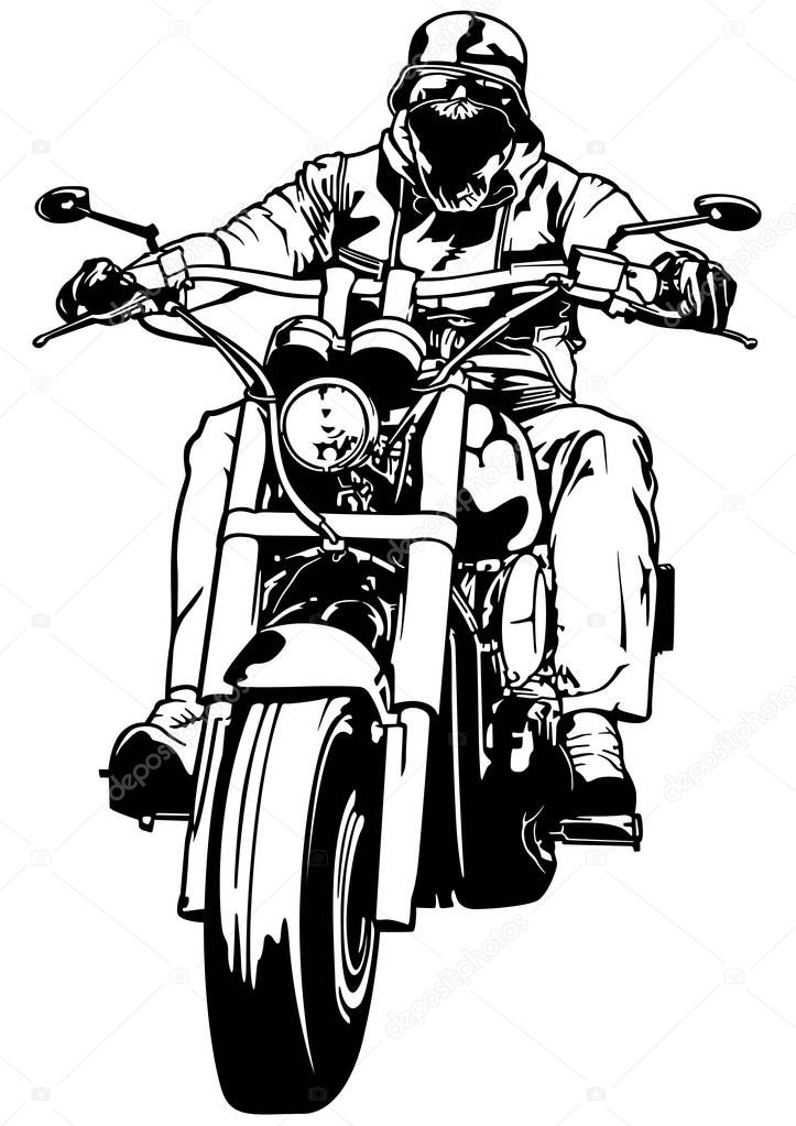 Motorcyclist From Gang - Black and White Outline Illustration with Rider on Motorcycle, Vector