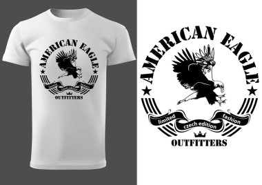 White T-shirt with Eagle Drawing and Inscription AMERICAN EAGLE and Decorative Banners and Design Elements - Fashion Print Illustration, Vector Graphic clipart