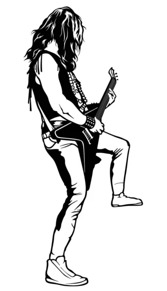 Hard Rock Gitarist Solo Çalış Siyah Beyaz Çizim Llüstrasyon Müzisyen — Stok Vektör