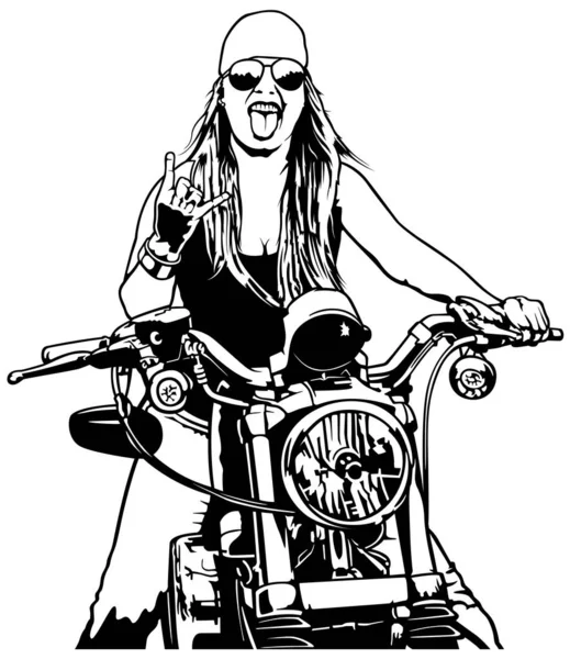 Mulher Motociclista Preto Branco Esboço Ilustração Com Fêmea Cavaleiro Motocicleta —  Vetores de Stock