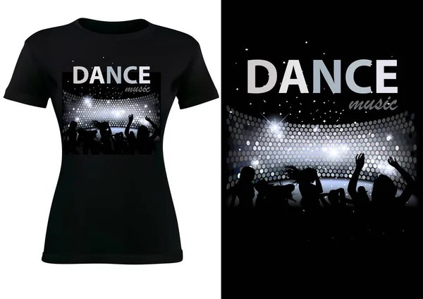 Návrh černého trička s diskotékou taneční tematikou — Stockový vektor