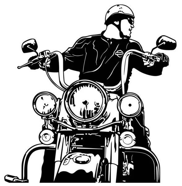 Motocyklista Przód Widok Czarno Biała Ilustracja Rider Motocyklu Harley Wektor — Wektor stockowy