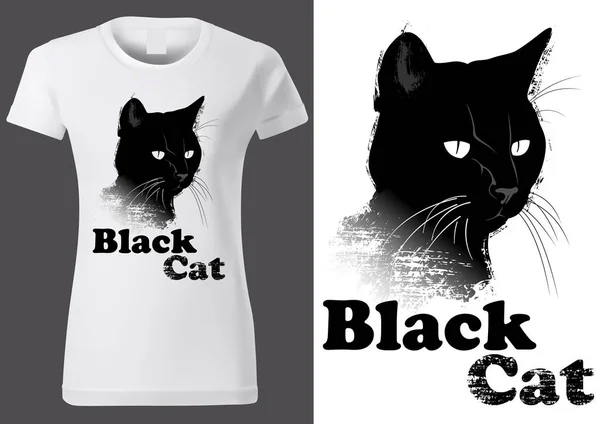 T-shirt donna bianca Design con gatto nero — Vettoriale Stock