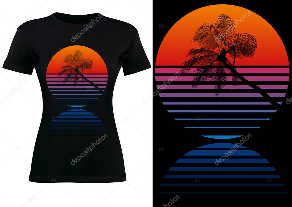 Black T-shirt Design with Tropical Palm Silhouette