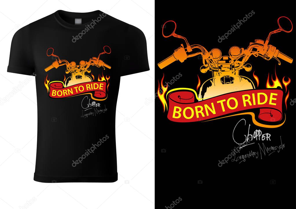 Black T-shirt Design with Motorcycle and Burning Banner - Graphic Design for Printmaking T-shirt or Poster and etc., Vector