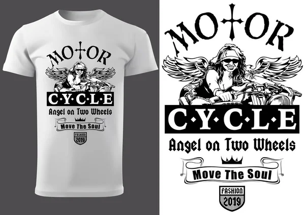 Diseño Camiseta Blanca Con Mujer Motociclista Inscripciones Diseño Gráfico Para — Archivo Imágenes Vectoriales