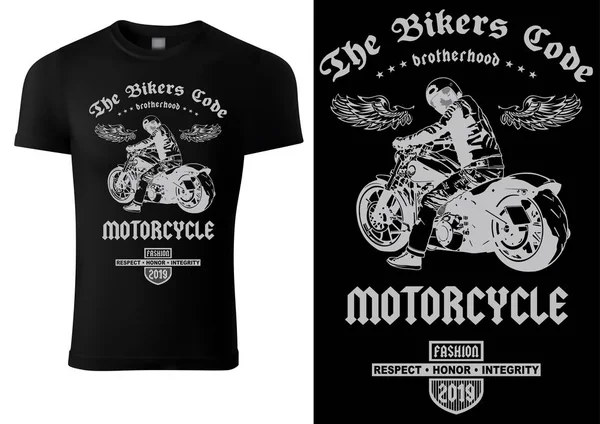 Diseño Camiseta Negra Con Motociclista Inscripciones Diseño Gráfico Para Impresión — Archivo Imágenes Vectoriales