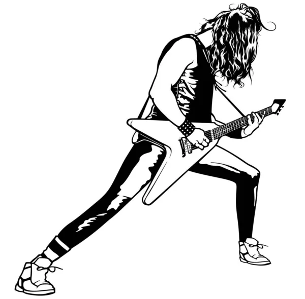 Guitariste Hard Rock Joue Solo Illustration Dessin Noir Blanc Avec — Image vectorielle