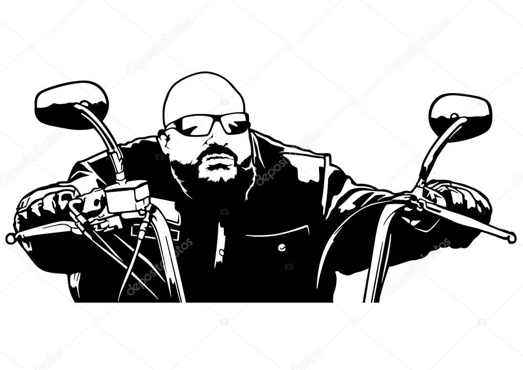 Motorcyclist Front View - Black and White Outline Illustration with Rider on Motorcycle, Vector