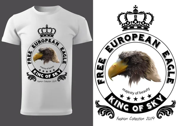 Shirt Bianca Con Testa Aquila Corona Reale Con Elemento Grafico — Vettoriale Stock
