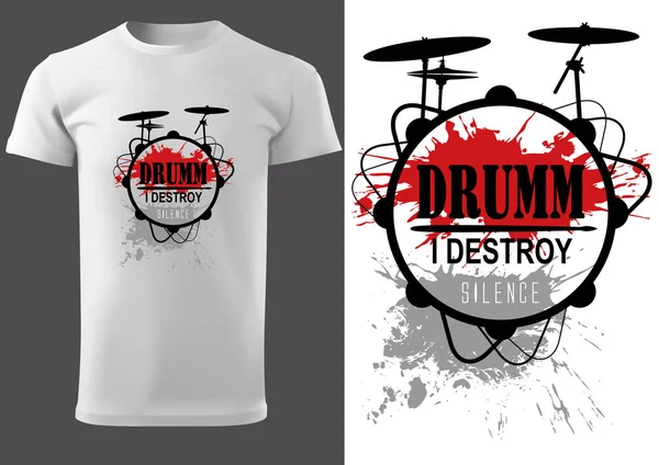 Weißes Shirt Mit Schlagzeug Und Aufschriften Grafische Illustration Für Musiker — Stockvektor