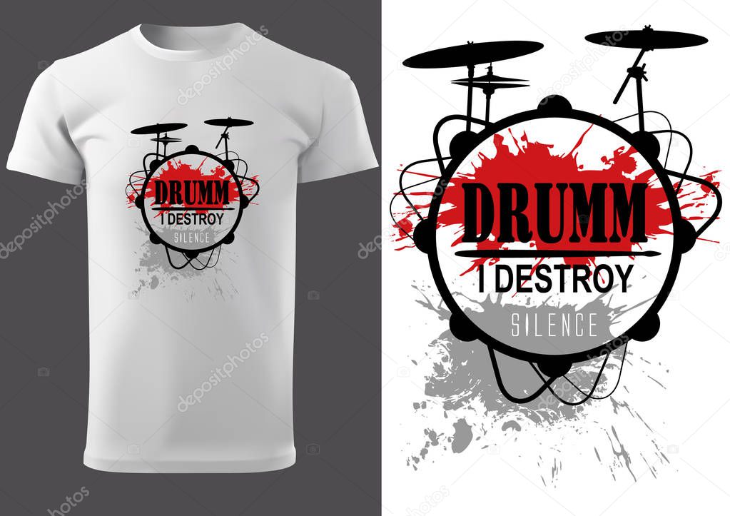 White T-shirt with Drums and Inscriptions - Graphic Illustration for Musicians and Music Fans, Vector