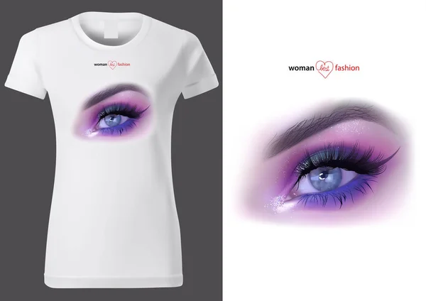 T-shirt blanc femme design avec oeil de maquillage — Image vectorielle