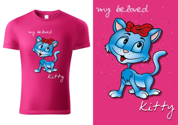 Criança T-shirt Design com Blue Cartoon Cat — Vetor de Stock