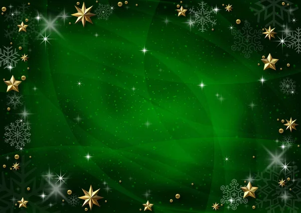 Green Christmas Background Golden Stars Shadows Green Snowflakes Graphic Design — Stock Vector