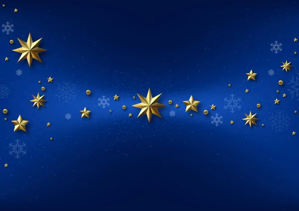 Blå Julbakgrund Med Gyllene Stjärnor Med Skuggor Och Blå Snöflingor — Stock vektor