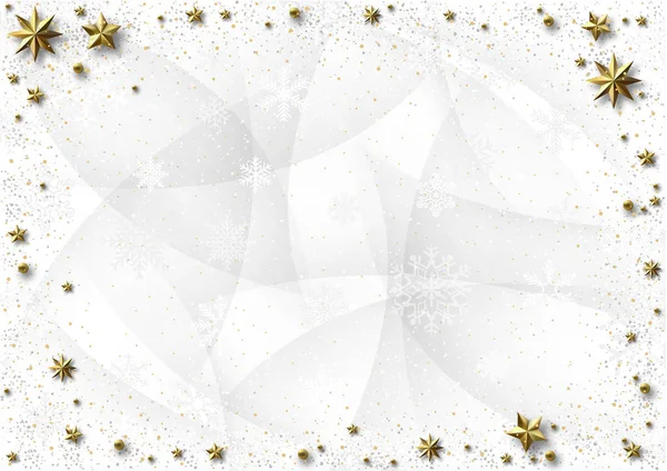Białe Tło Świąteczne Złotymi Gwiazdami Cieniami Oraz Białymi Płatkami Śniegu — Wektor stockowy