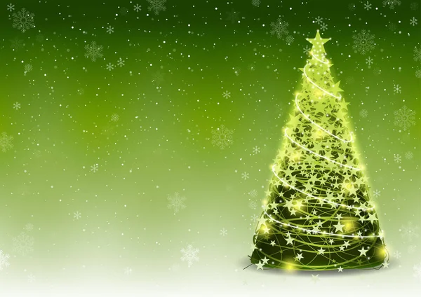 Groene Kerstboom Achtergrond Met Vallende Sneeuwvlokken Gloeiende Kerstketen Grafisch Ontwerp — Stockvector