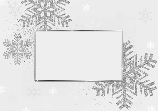 Stříbrné Vánoční Pozadí Stříbrným Rámem Stříbrnými Třpytivými Vločkami Bílém Pozadí — Stockový vektor