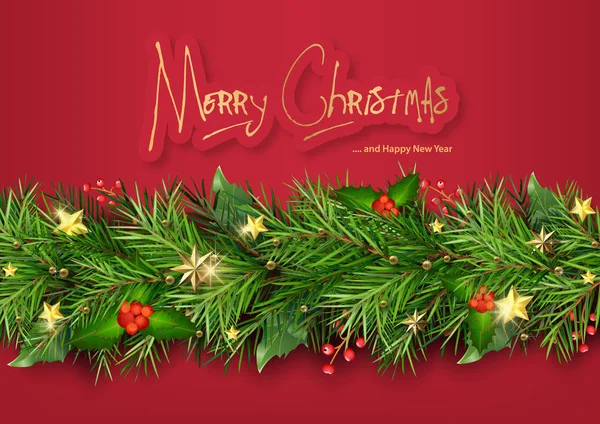 红色圣诞背景 圣诞树枝装饰着圣诞冬青植物和金色星辰 背景图解 — 图库矢量图片