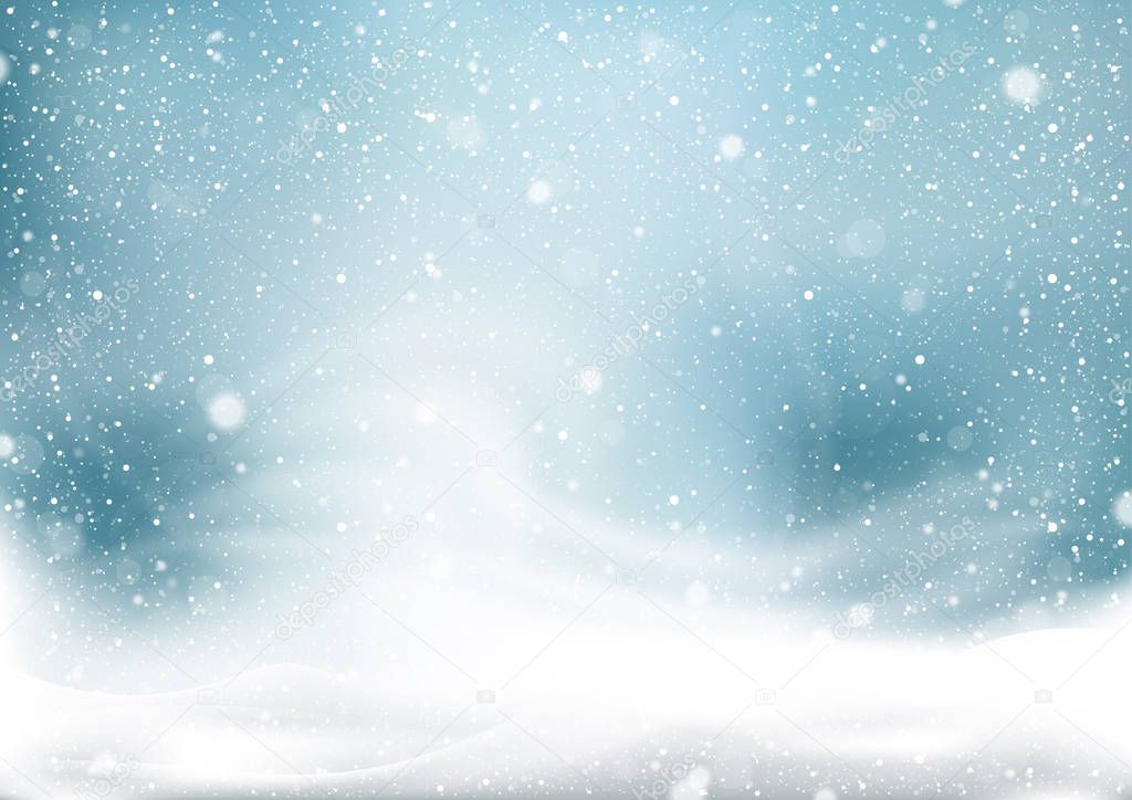 Winter Snow Storm Background - Abstract Illustration with Winter Landscape with Falling Christmas Shining Beautiful Snow, Vector