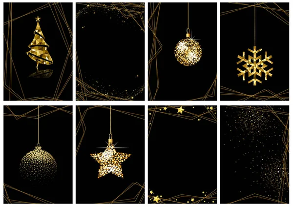 Set Mit Acht Goldenen Weihnachtsgrußkarten Auf Schwarz Hintergrundabbildungen Oder Banner — Stockvektor