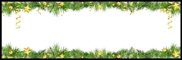 Karácsonyi Zászló Zöld Tűlevelű Gallyakkal Arany Csillagokkal Arany Konfettivel Arany — Stock Vector