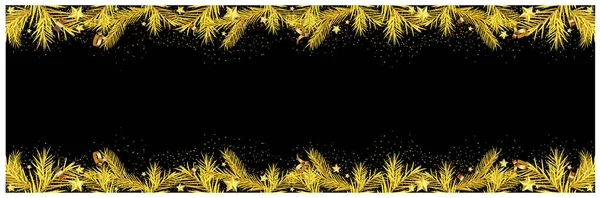 Christmas Banner Golden Coniferous Twigs Golden Stars Golden Confetti Black - Stok Vektor