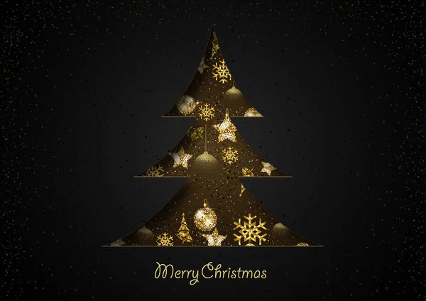 抽象的なクリスマスツリーは 黄金のクリスマスの装飾と黒の背景に紙のカット 現代のお祭りグリーティングカードイラスト ベクトル — ストックベクタ